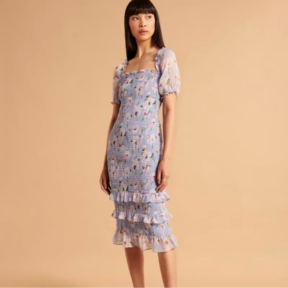 Abercrombie Floral Smocked Puff Sleeve Midi Dress